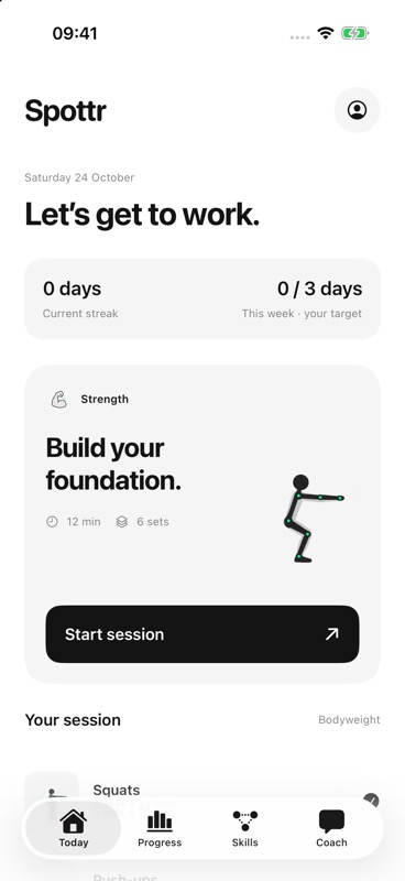 Spottr Today on the iPhone simulator, with a weekly target and Start session button.