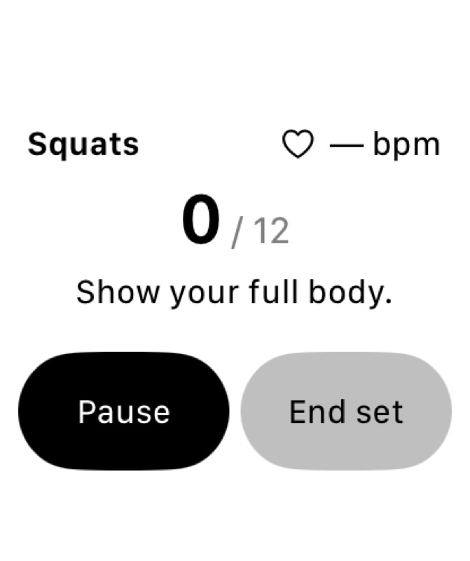 Spottr on the Apple Watch simulator: Squats, zero of twelve reps, no heart-rate reading, and Pause and End set controls.